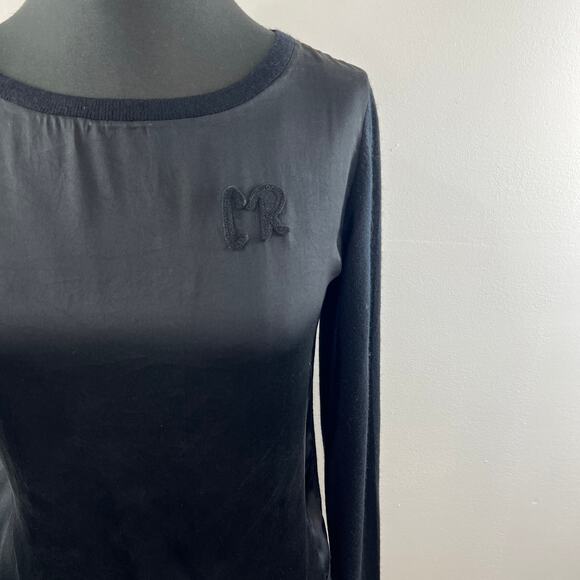 Carine Roitfeld Uniqlo Black Mixed Media Silk Wool Embroidered Long Sleeve Top S - Picture 4 of 10